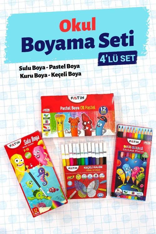 Okul Boyama Seti 4'lü Set - 12'li Sulu Boya  12'Lİ Kuru Boya 12'li Pastel Boya 12'li Keçeli Kalem-T1406