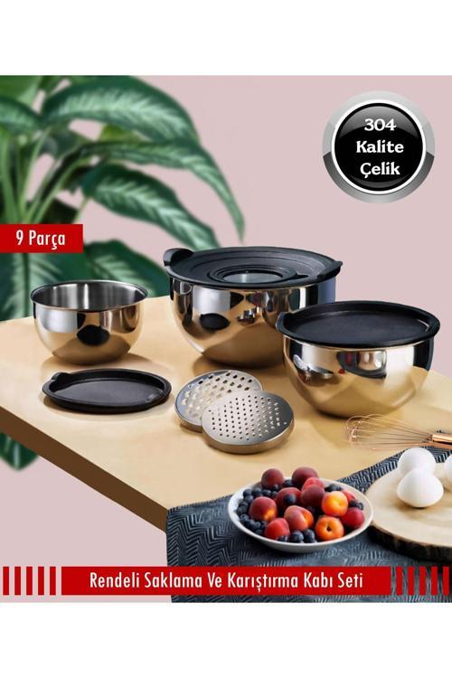 9 Parça Çelik Çok Amaçlı Rendeli Saklama Ve Karıştırma Kabı Seti