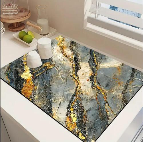 55 CM x 45 CM GRİ ALTIN MERMER TASARIMI TEZGAH ÜSTÜ BULAŞIK KURUTMA MATI BULAŞIKLIK KURUTMA ÖRTÜSÜ