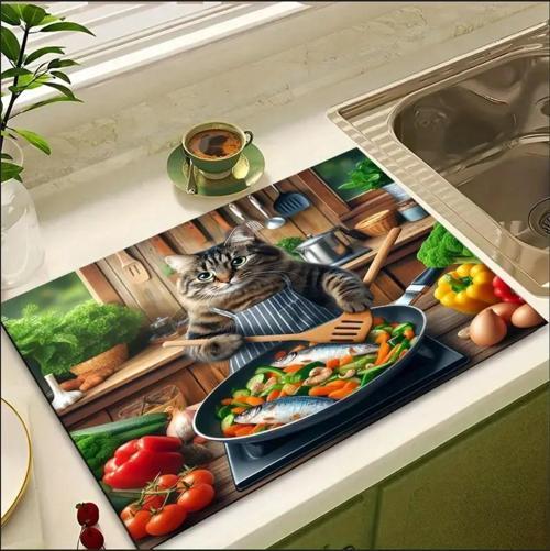 55 CM x 45 CM KEDİ ŞEF TASARIMI TEZGAH ÜSTÜ BULAŞIK KURUTMA MATI BULAŞIKLIK KURUTMA ÖRTÜSÜ