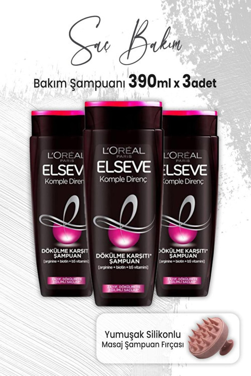 Komple Direnç Dökülme Karşıtı Şampuan 390 Ml X 3 Adet Ve Masaj Şampuan Fırçası Pembe
