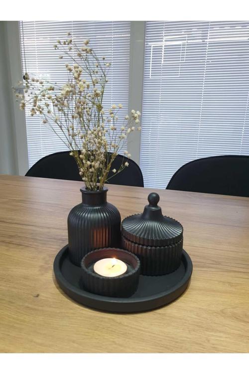Modern Siyah Dekoratif Taş Tozu Masa Üstü Seti | Tepsi,Vazo, Ve Mumluk Set