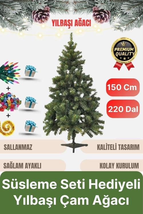 Premium Kalite Yeni Yıl Süsleme Seti Renkli Işık Hediye Yılbaşı Çam Ağacı Noel Paketi 150 Cm 220 Dal