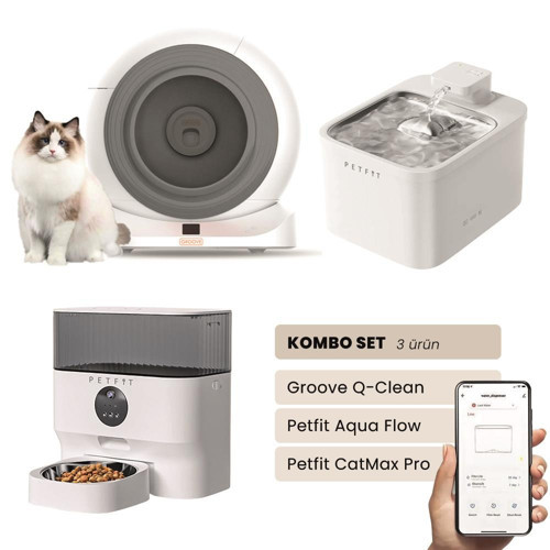 Groove Q-Clean Akıllı Otomatik Kedi Tuvaleti Gri+ Aqua Flow Akıllı Su Pınarı+ Catmax Pro Mama Kabı