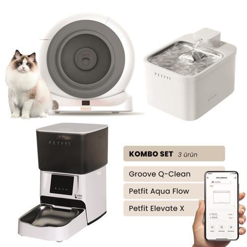 Groove Q-Clean Akıllı Otomatik Kedi Tuvaleti Gri+ Aqua Flow Akıllı Su Pınarı+ Elevate X Mama Kabı