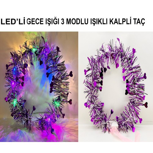 Büro Ev Ofis Etkinlik Gösteri Kostüm Tacı için Mor 3MOD Led Işıklı Kalp Püsküllü Taç