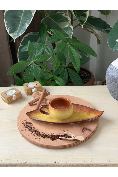 Dekoratif Yaprak Figürlü Kahve Fincanı Seti Tekli 120Ml.(Sarikahvekızıl)