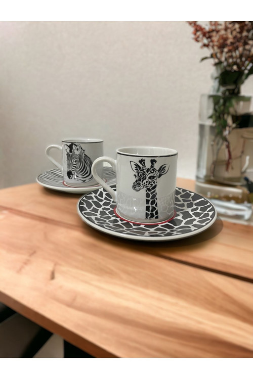 Dekoratif Şık Tasarım Siyah Beyaz Zebra Ve Zürafa Motifli 2 Kişilik Kahve Fincan Seti.