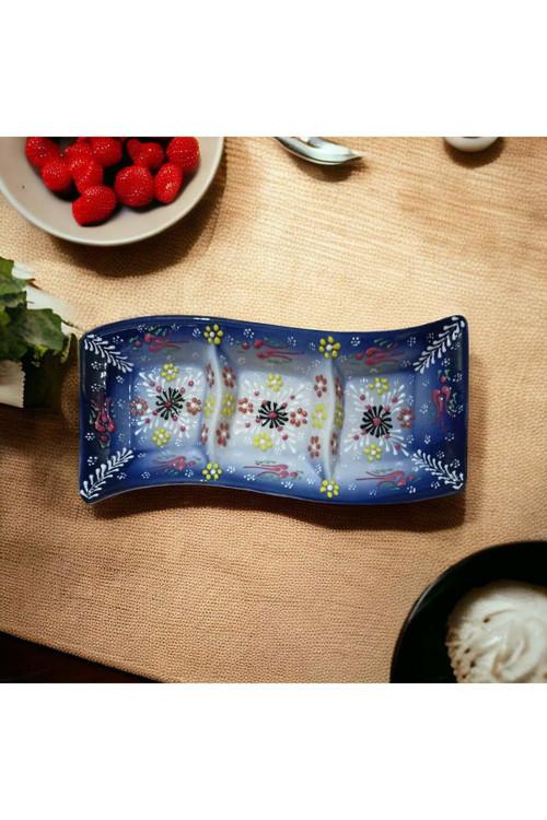 Seramik Dantel 3 Bölmeli Cerezlik Mavi 28Cm
