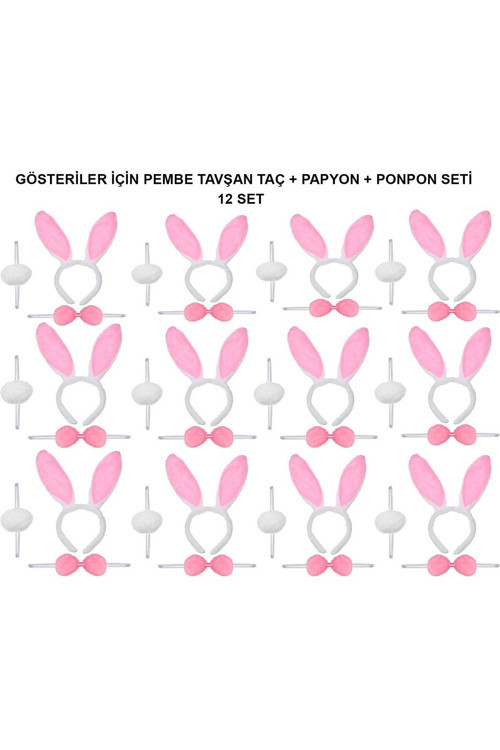 Pembe Tavşan Kostüm Seti – Taç, Papyon, Ponpon (12’Li Paket)