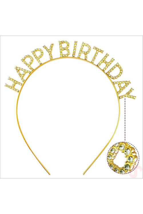Altın Gold Renk Kristal Taşlı Parlak Happy Birthday Taç 16X17 Cm