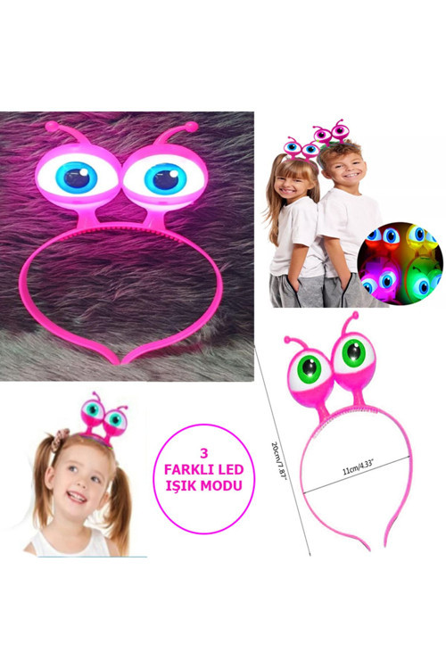 Led Işıklı & Pilli 3 Farklı Modda Yanan Uzaylı Göz Parti Tacı Pembe Renk 18X12 Cm