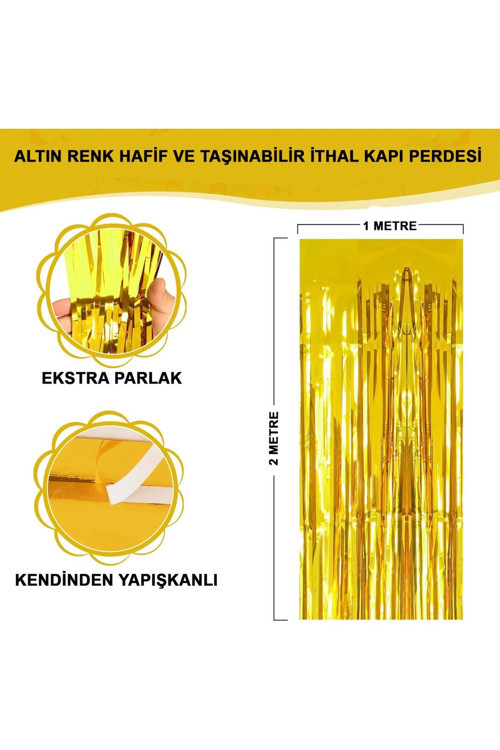 Altın Gold Renk Ekstra Metalize Parlak Saçaklı Arka Fon Perde Ithal A Kalite 1X2 Metre