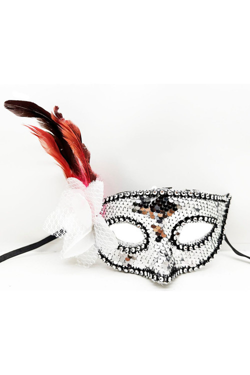 Gümüş Renk Yandan Tüylü Güllü Gümüş Taşlı Pullu Maske 20X22 Cm