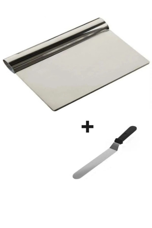 2Li Set Hamur Şekillendirici Eğik Pasta Spatulası +Metal Hamur Kesici Kazıyıcı Spatula