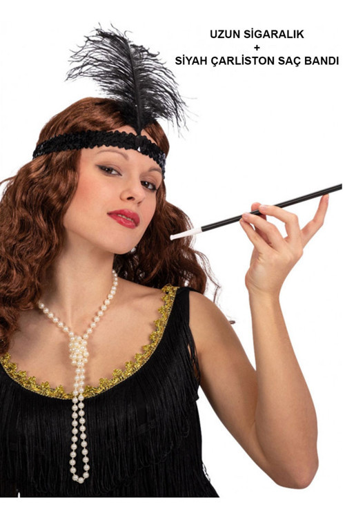 1920'Ler Gatsby Aksesuar Seti – Siyah Charleston Saç Bandı & Sigaralık