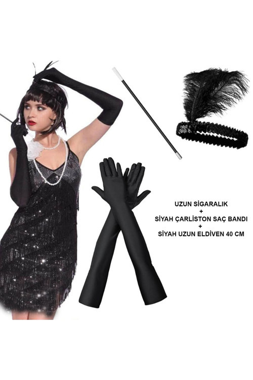 1920'Ler Gatsby Aksesuar Seti – Siyah Charleston Saç Bandı, Uzun Eldiven & Sigaralık