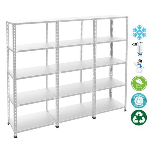 5 Katlı 3'lü Bitişik Paslanmaz Krom Raf - Inox Soğuk Oda Rafı, Buzhane Rafı 31x93 cm-200 cm-0.70 mm