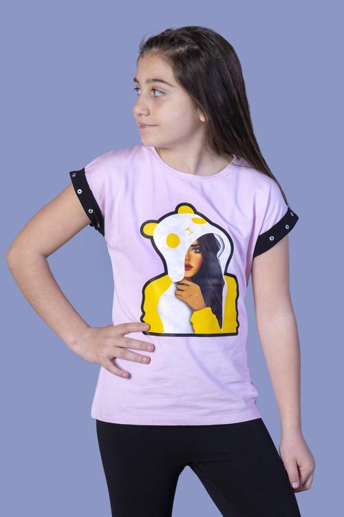 Toontoy Kız Çocuk Kız Baskılı Kolları İnci Detaylı Tişört