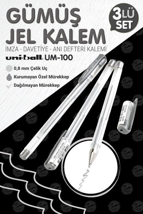 Uni-Ball Um-100 Signo Fine Roller Kalem  GÜMÜŞ 3 Adet 0.8 mm Davetiye Kalemi / Davetiye Anı Defteri Kalemi / İmza Kalemi