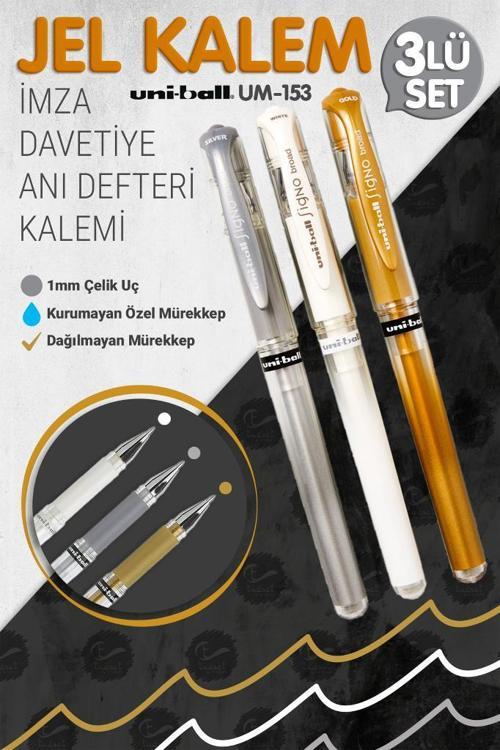 Uni-Ball Um-153 Signo Broad Roller Kalem  (GOLD,GÜMÜŞ,BEYAZ) 1.0 mm Davetiye Kalem Seti 3 lü /Beyaz Yazan Davetiye Anı D