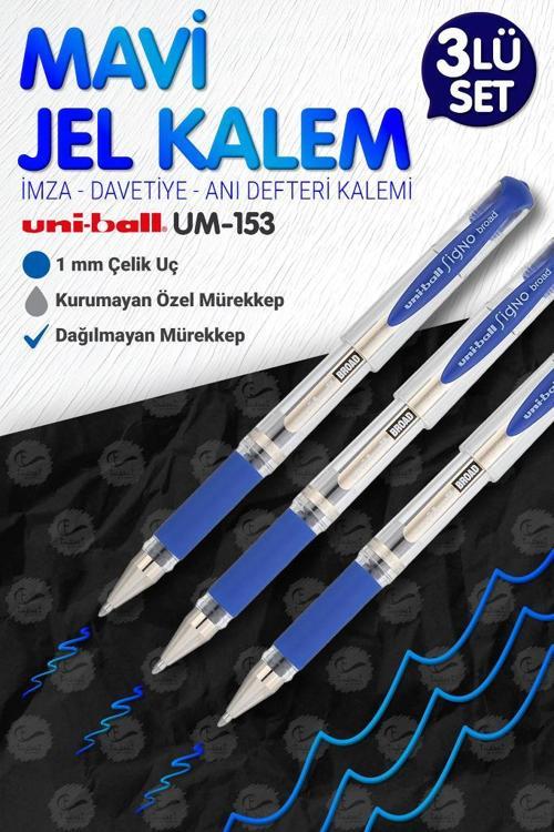 Uni-Ball Um-153 Signo Broad Roller Kalem Mavi 3 Adet1.0 mm Davetiye Kalemi /Mavi Yazan Davetiye Anı Defteri Kalemi / İmz
