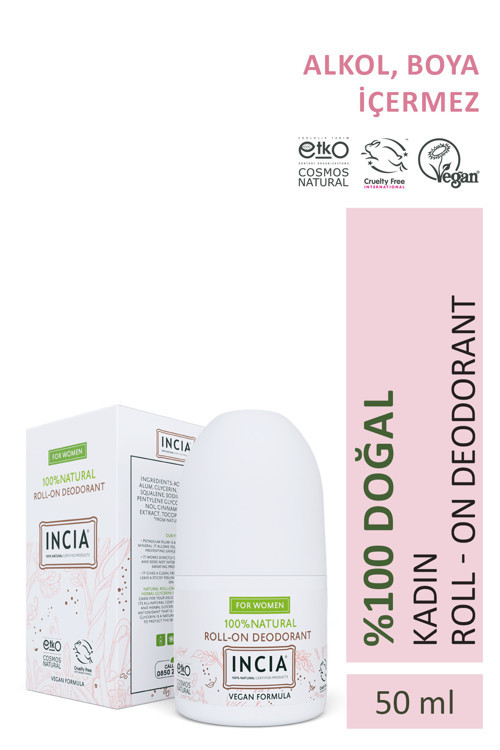Incia %100 Doğal Roll On Deodorant Kadınlar İçin Ter Kokusu Önleyici Lekesiz 50 ml