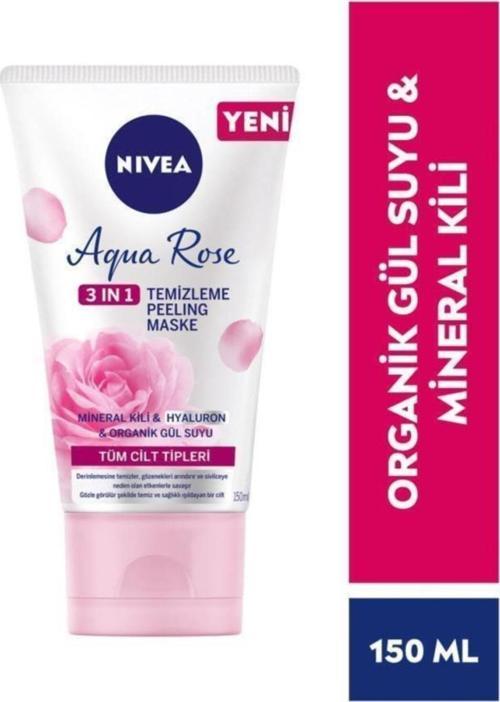 Aqua Rose Organik Gül Suyu 3'ü 1 Arada 150ml, Temizleyici Peeling Maske, Hyaluron, Mineral Kil