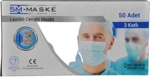 5M Cerrahi Maske 3 Katlı Telli Lastikli Beyaz