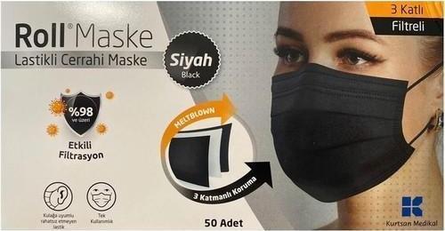 Maske 3 Katlı Lastikli Siyah Cerrahi Maske
