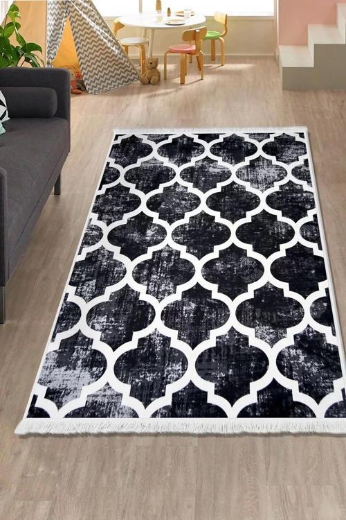 Dekoratif Dijital Saçaklı Kesme Halı Yolluk Yıkanabilir Antialaerjik Maça Siyah 120x800
