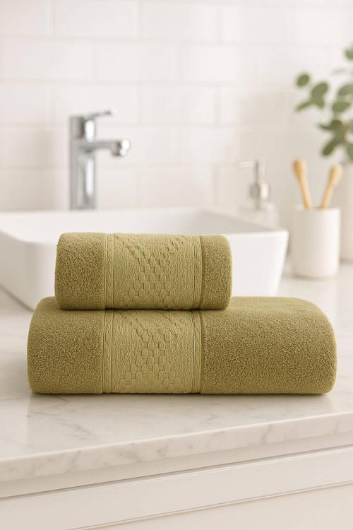 2 Parça Banyo Havlu Takımı %100 Pamuklu Duru Desen