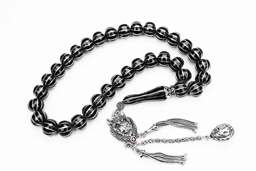 Oltu Taşı Basık  Model On İkili Karpuz Dilimi İşlemeli Tespih