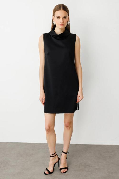 Kadın Yanları Taş Şerit Detaylı Mini Elbise 5098 Siyah