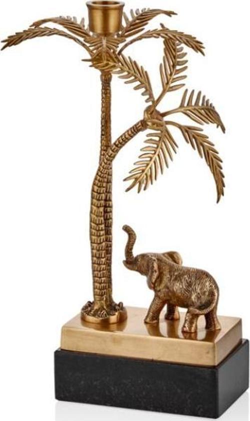 Fil Detaylı Palmiye Ağacı Brass Mumluk 19 x 18 x 34 Cm