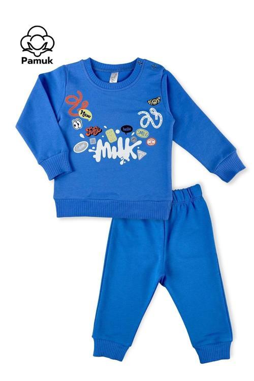 Erkek Kız Bebek Milk Baskılı Mevsimlik Mavi Unisex Alt Üst Takım