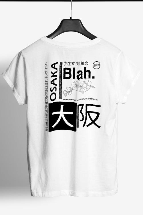 Arkası Osaka Japan Baskılı Bisiklet Yaka Erkek Tişört