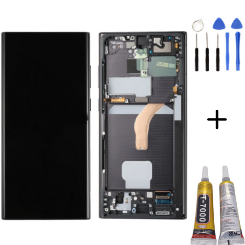 TE Samsung S22 Ultra S908 Uyumlu Çıtalı OLED Lcd Ekran Siyah+Montaj Seti