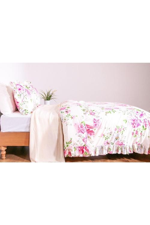 Yüzde Yüz Pamuklu Fırfırlı Süs Dikişli Çiçekli Lamus Çift Kişilik Nevresim Ve 2 Yastık Kılıfı Seti