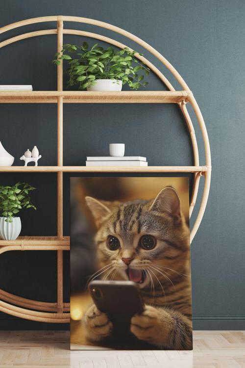 Telefon Bağımlısı Kedi Kanvas Tablo