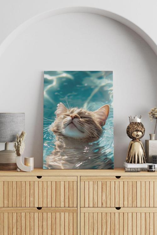 Yüzen Sevimli Kedi Kanvas Tablo