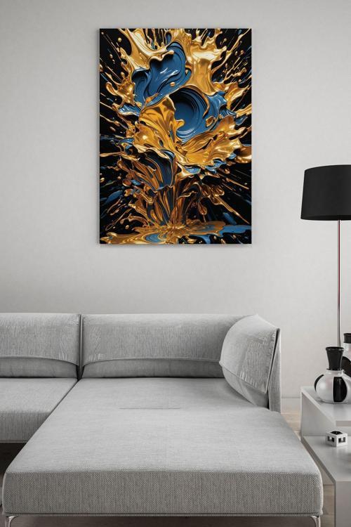 Mavi ve Altın Boya Deseni Kanvas Tablo