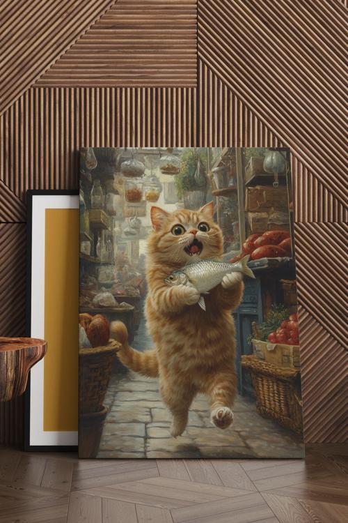 Balık Kaçıran Kedi Kanvas Tablo