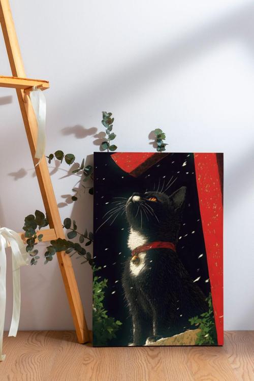 Beyaz Desenli Kara Kedi Kanvas Tablo