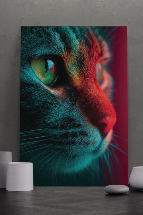 Neon Işığı ve Kedi Kanvas Tablo