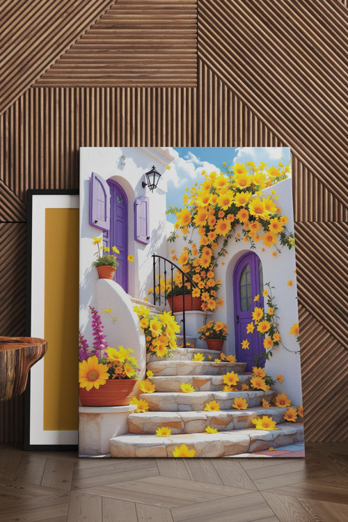Çiçekli Beyaz Ev Kanvas Tablo