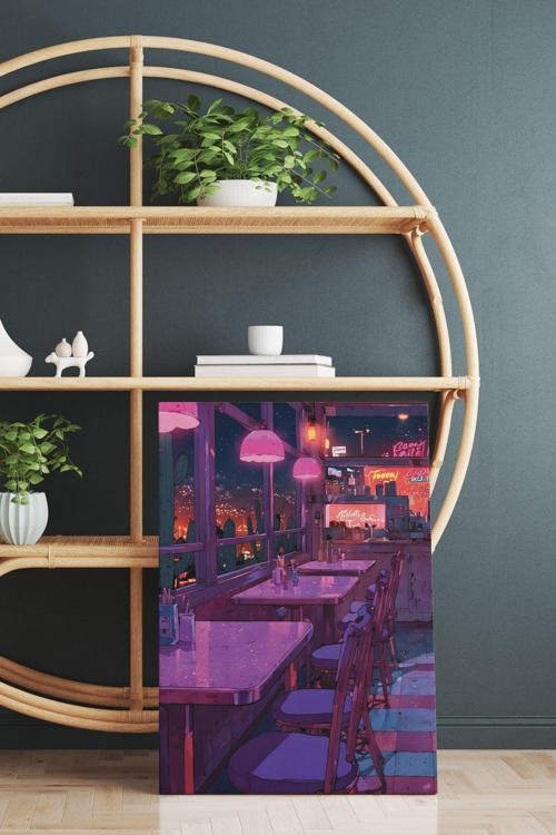 Neon Işıklı Restoran Kanvas Tablo