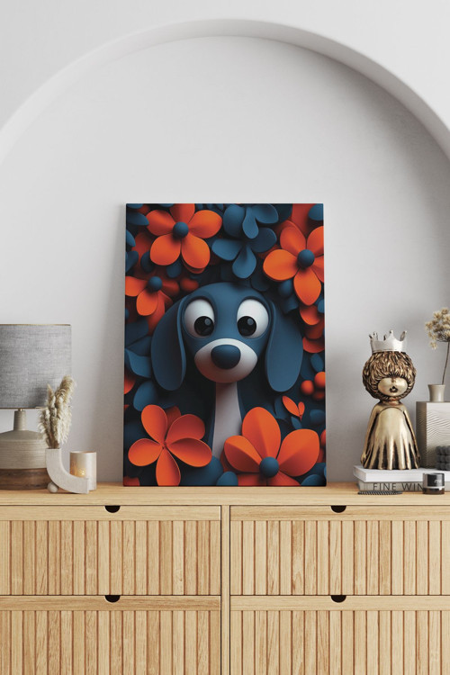 Çiçekler Arasında Tatlı Köpek Kanvas Tablo
