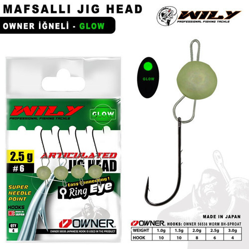 Mafsallı Jig Head 4 Adet Owner İğneli - Glow 1.5 gr - 10 No