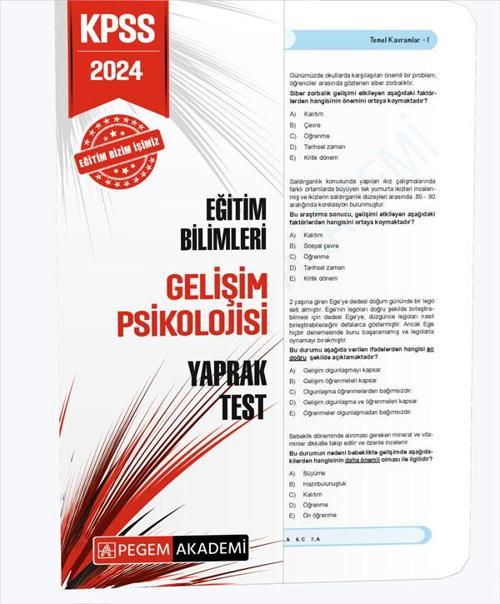 Pegem Akademi Yayıncılık 2024 KPSS Eğitim Bilimleri Gelişim Psikolojisi Yaprak Test